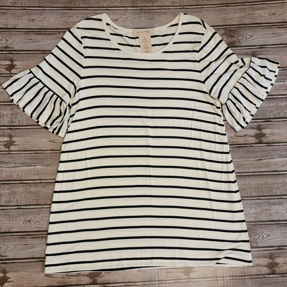Philosophy Black and White Stripe Tee with Ruffle Sleeves Size M